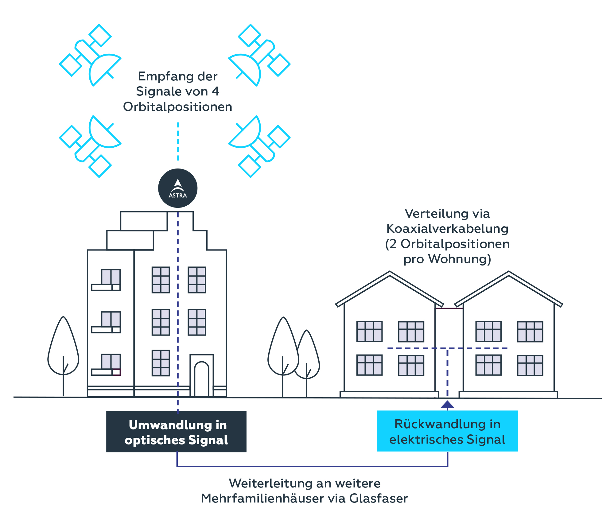 Satellitensignale gelangen via Glasfaser und Koaxialverkabelung zum Empfänger