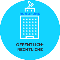 Icon "Öffentlich-Rechtliche" - Hochhaus mit einem Satelliten auf dem Dach mit der Aufschrift "Rundfunk"