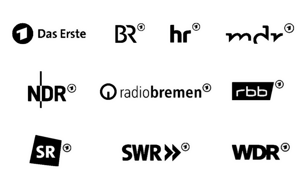 Logos der folgenden Sender abgebildet: "Das Erste" "BR" "HR" "MDR" "NDR" "RADIO BREMEN" "RBB" "SR" "SWR" "WDR"