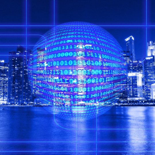 Eine Stadt mit holografischen Einsen und Nullen.