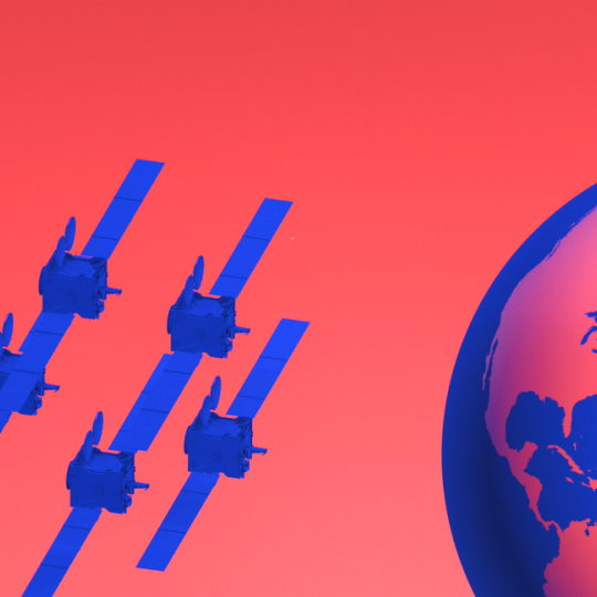 Grafisch dargestellte Erde mit Satelliten.