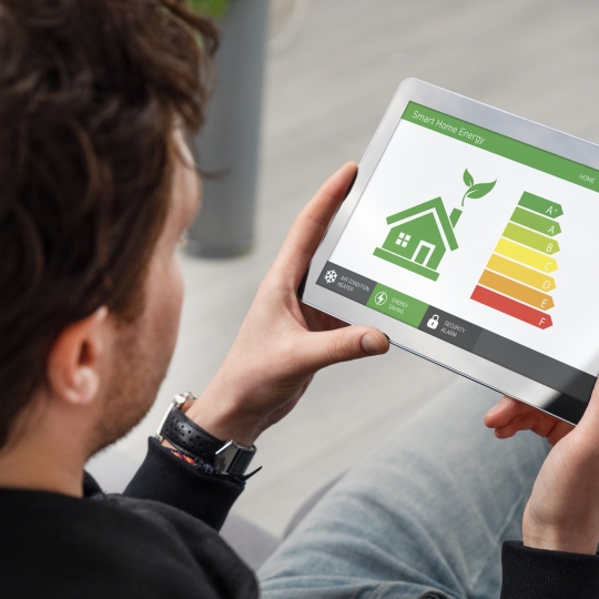 Jemand sieht sich auf einem Tablet die Energiesparstufe eines Smart Homes an.