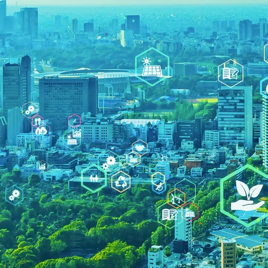 Eine Stadt, die mit Symbolen für Nachhaltigkeit dargestellt ist.