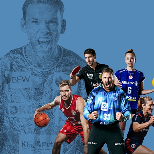 5 Sportarten durch Menschen vertreten und Logo von "DYN" ganz rechts oben