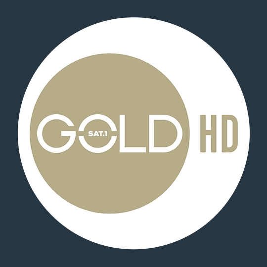 SAT1 Gold HD Logo - schwarzer Hintergrund mit weißem Kreis und in dem weißen Kreis nochmal goldener Kreis mit der Aufschrift "SAT 1 Gold HD"