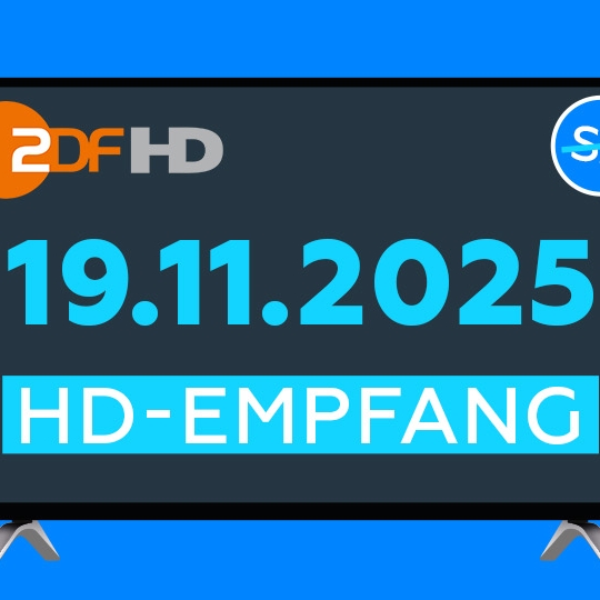 Das Bild zeigt einen Fernseher vor einem einfarbig blauen Hintergrund. Auf dem Bildschirm ist eine Ankündigung dargestellt. Oben links steht das Logo von „ZDF HD“. Oben rechts befindet sich ein kreisförmiges Symbol mit den Buchstaben „SD“, das durchgestrichen ist. In der Mitte des Bildschirms steht gut sichtbar das Datum „19.11.2025“ in großer türkisfarbener Schrift. Darunter befindet sich ein breiter türkisfarbener Balken mit dem Text „HD-Empfang“ in weißer Schrift. Die Darstellung weist darauf hin, dass a