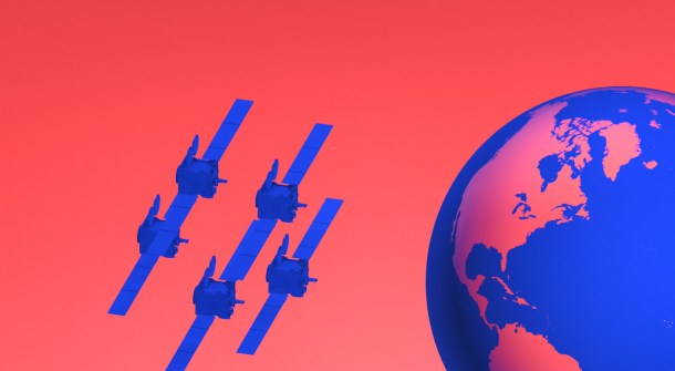 Grafisch dargestellte Erde mit Satelliten.