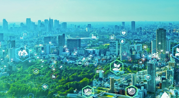 Eine Stadt mit nachhaltigkeitsbezogenen Symbolen.