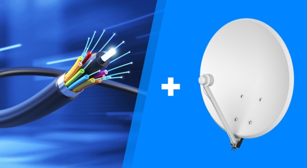 Satellit und Glasfaser abgebildet mit einem "Pluszeichen"