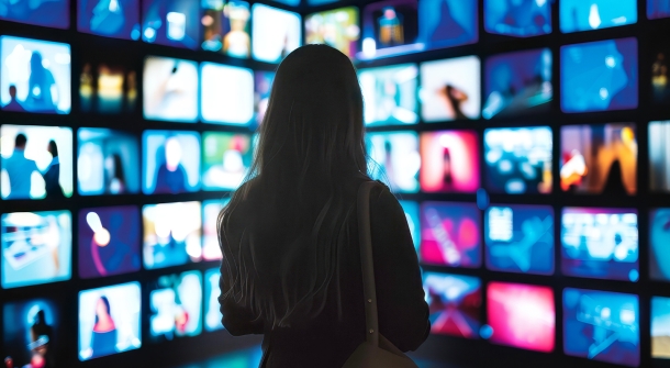 Mehrere Bildschrime mit verschiedenen Programmen mit einer Person davor