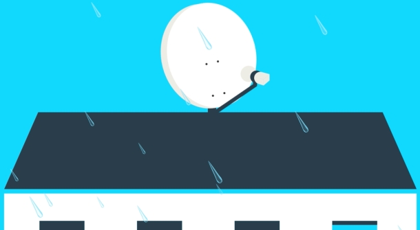 Eine stilisierte Grafik zeigt ein Haus mit einer Satellitenschüssel auf dem Dach. Es regnet, und einzelne Regentropfen sind sichtbar. Im Hintergrund ist der Himmel in hellem Blau gehalten. Rechts oben befindet sich das Logo von ASTRA, bestehend aus einem weißen stilisierten Dreieck mit einem Bogen darunter. Das Bild vermittelt, dass Satellitenfernsehen auch bei schlechtem Wetter zuverlässig funktioniert.